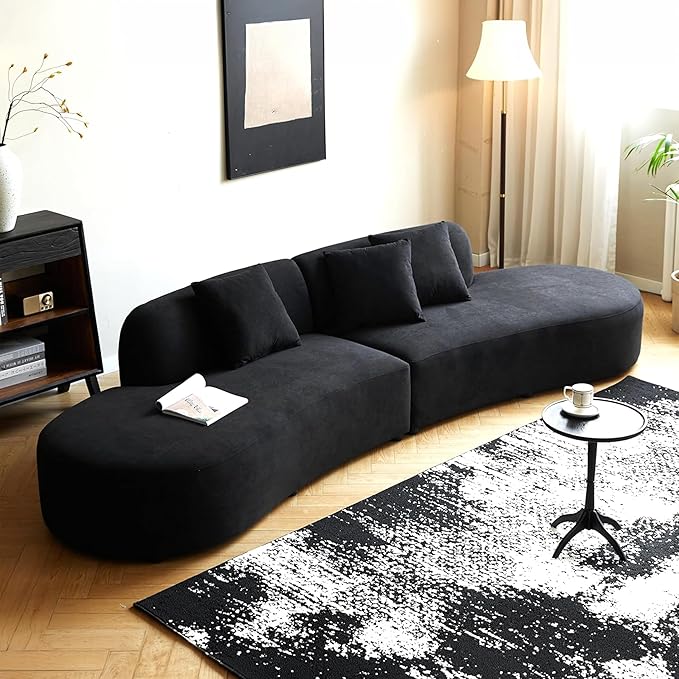 132" Curved Sofa with Throw Pillows, 6 Seater Luxury Velvet Couch with Half Moon Design and High-Density Foam, Ideal for Modern Living Room, Office & Apartment, Black