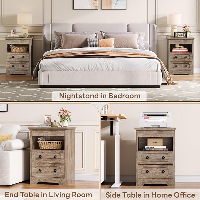LIKIMIO Nightstand Set of 2, Night Stand with Pull Out Tray, Wooden Bedside Table with 2 Drawers and Open Shelf, Side Table for Bedroom, Grey - Image 6