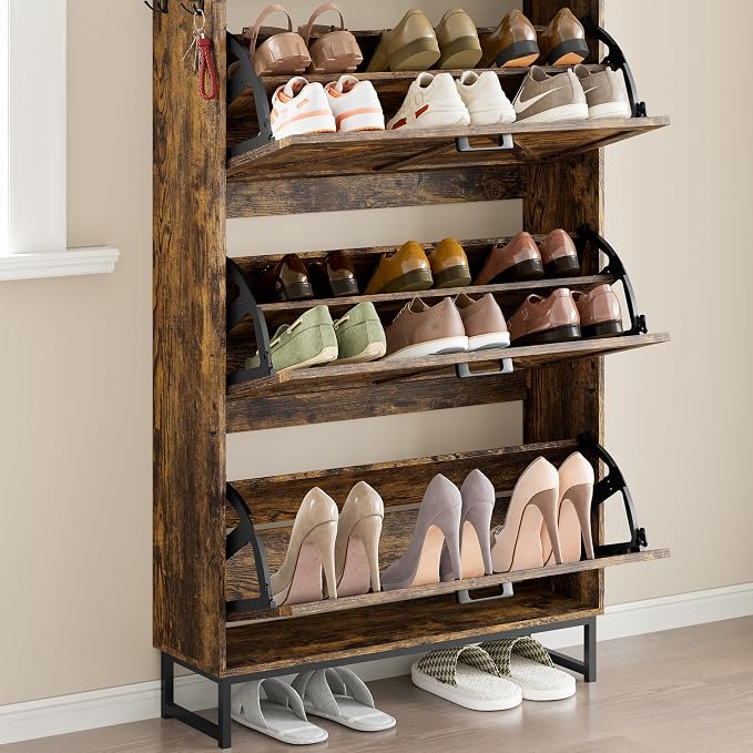 BORNOON Shoe Cabinet with 3 Flip Drawers Narrow Shoe Storage Cabinet Organizer Wooden Freestanding Shoe Rack Hidden Slim Shoes Storage Cabinet for Entryway, Hallway, Living Room, Bedroom - Image 6