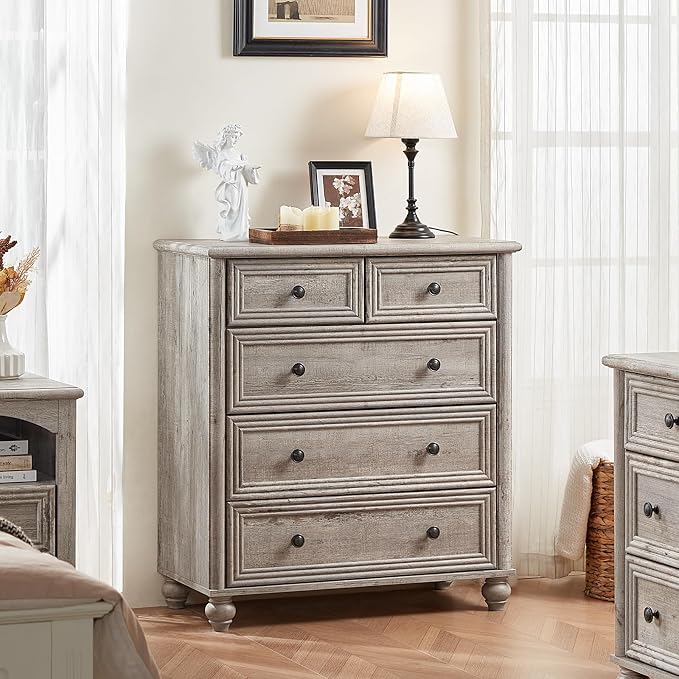 RWYHG Farmhouse 5 Drawer Dresser for Bedroom Set of 2, 35.5" Tall Small Dressers & Chest of Drawers, Rustic Wood Dresser with Roman Column, Storage Organizer for Living Room, Hallway, Closet (Grey) - Image 6