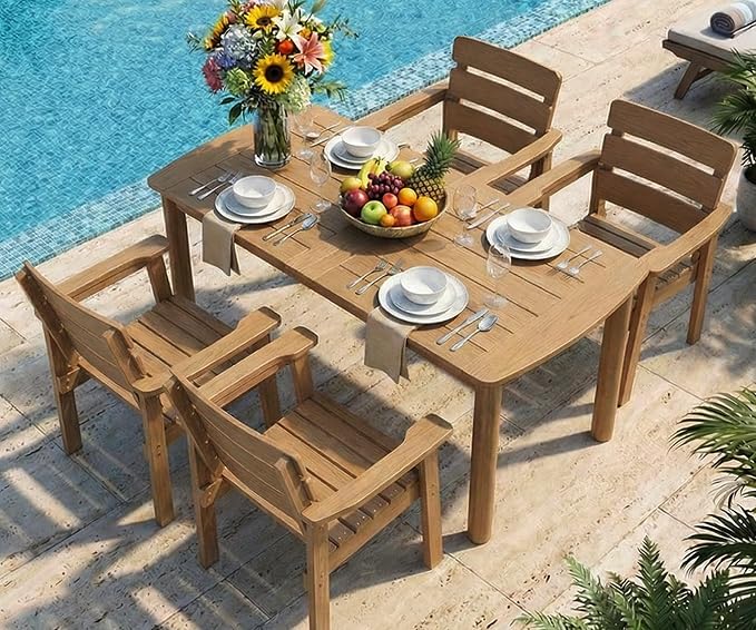 5-Piece Outdoor Dining Set, All-Weather HIPS Patio Table & Chairs for 4, Outdoor Furniture with Umbrella Hole, Ideal for Garden, Poolside, Backyard, Deck, Teak by Kibaso