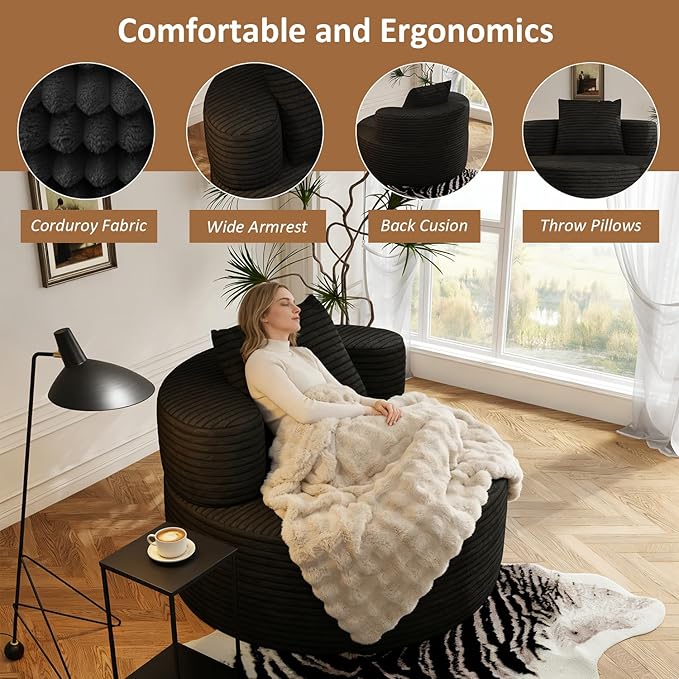 37.4" Boneless Round Chair, Oversized Chaise Lounge Cloud Chair Indoor, Upholstered Corduroy Deep Seat Sofa Accent Chair, No Assembly Required, for Living Room Bedroom Apartment