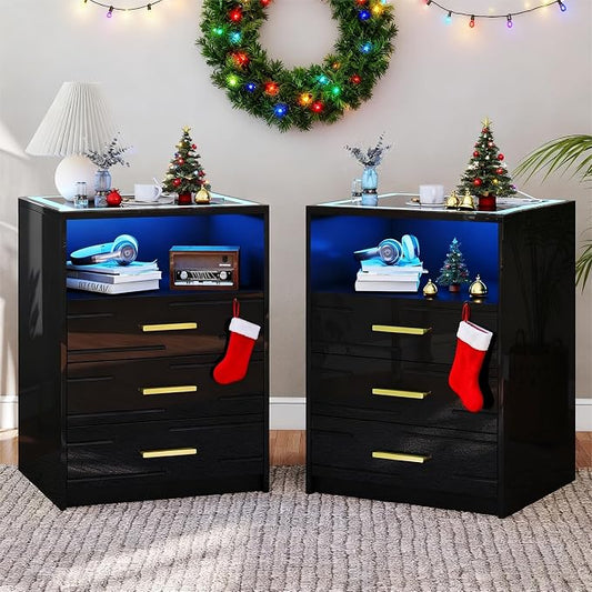 LED Night Stand Set 2 with Charging Station, High Gloss Nightstand with 3 Drawers, 3 Color Dimmable Light Modern Smart Bedside Table with USB Type-C Port Bedroom Black by JDPAG