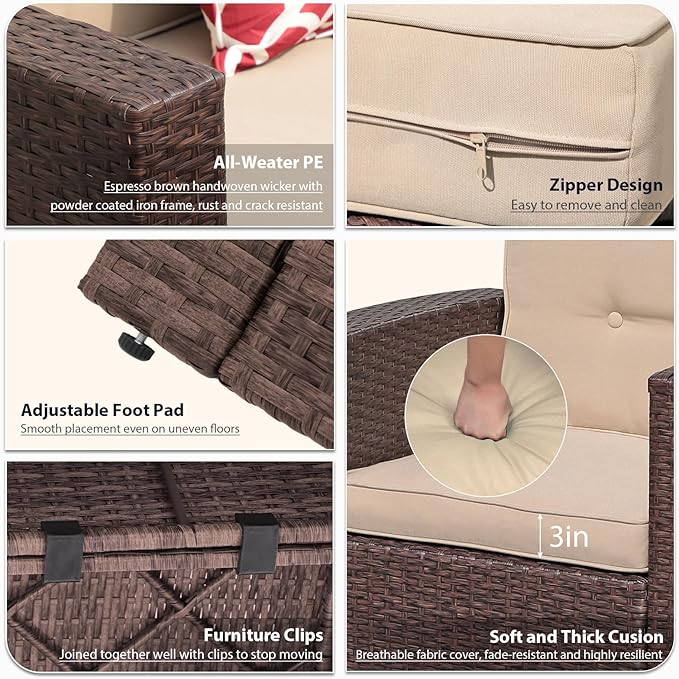 JOIVI 9 Piece Patio Conversation Sets - Wicker Patio Couch Set with Fire Pit, Durable Handwoven Fabric, Fireproof Glass Beads Cover, Storage Box, Great for Romantic Dining & Movie Nights, Brown