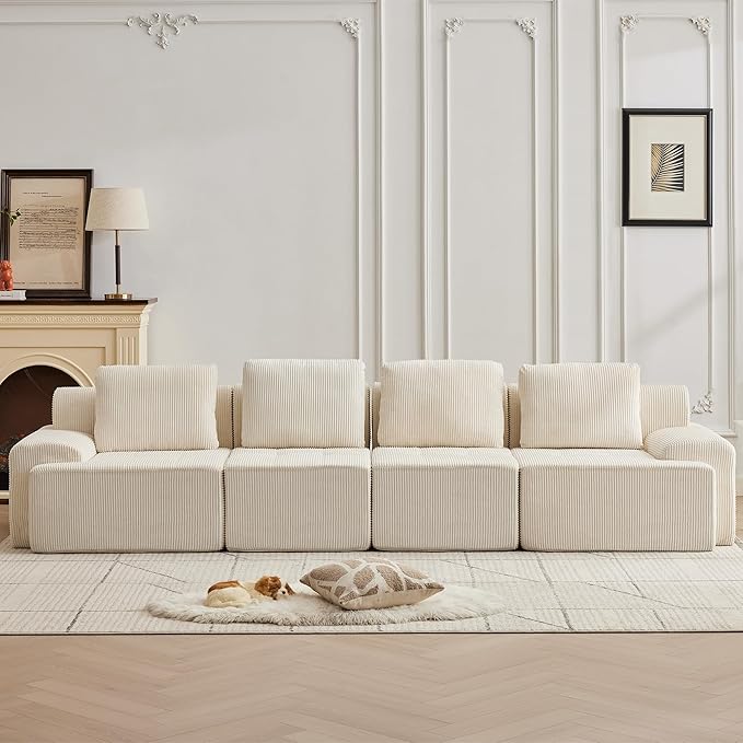 Modular Sectional Sofa with Movable Ottoman, 4 Seat Deep Seat Couch with 4 Pillows, Comfy Cloud Sectional Sofa for Living Room, Bedroom and Apartment (White, 1 Left+1 Right+2 Middle)