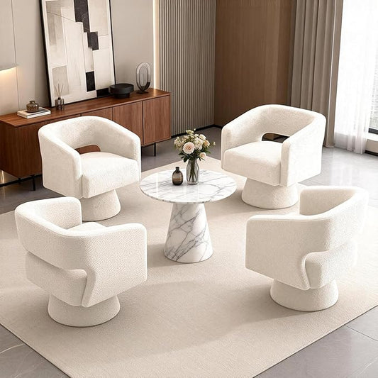 ClinQ Swivel Barrel Accent Chair, Oversized Teddy Upholstered Round Swivel Chairs Set of 4, Modern Luxury 360° Living Room Vanity Chair for Bedroom Office&Living Room, White