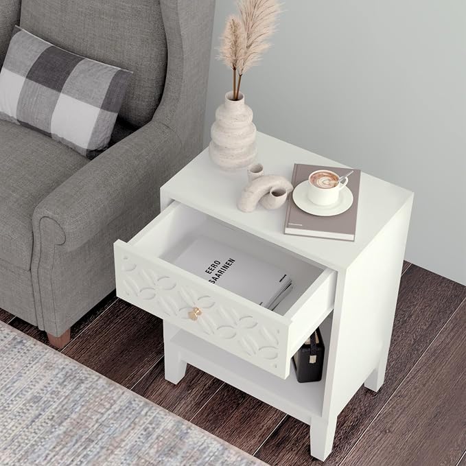 White Nightstand with Drawer and Open Shelf, 17.7 W Modern Bed Side Table for Bedroom, Small End Table for Small Spaces, Compact Side Table for Living Room, Easy Assembly - Image 6