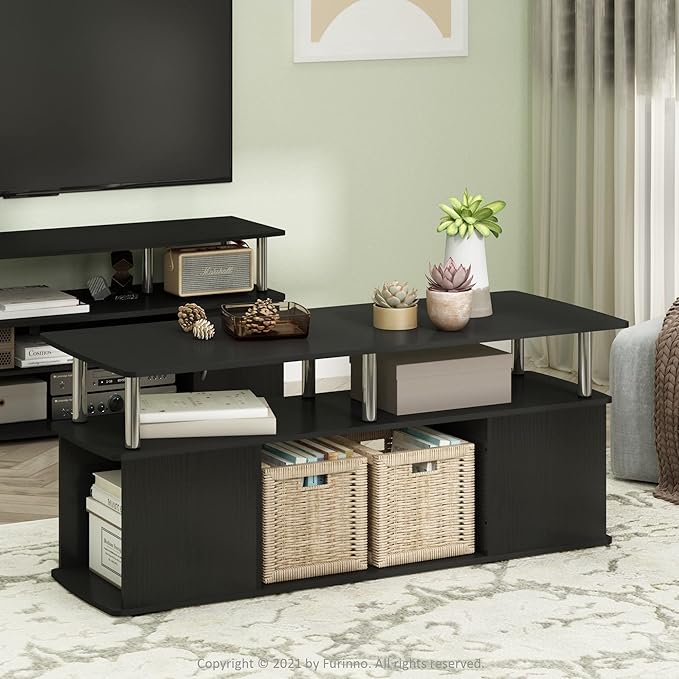 Furinno Jaya Coffee Table, Rectangle Modern Coffee Table with Open Shelf, Side Table with Side Storage, for Living Room, Bedroom, Home Office, Americano/Stainless Steel