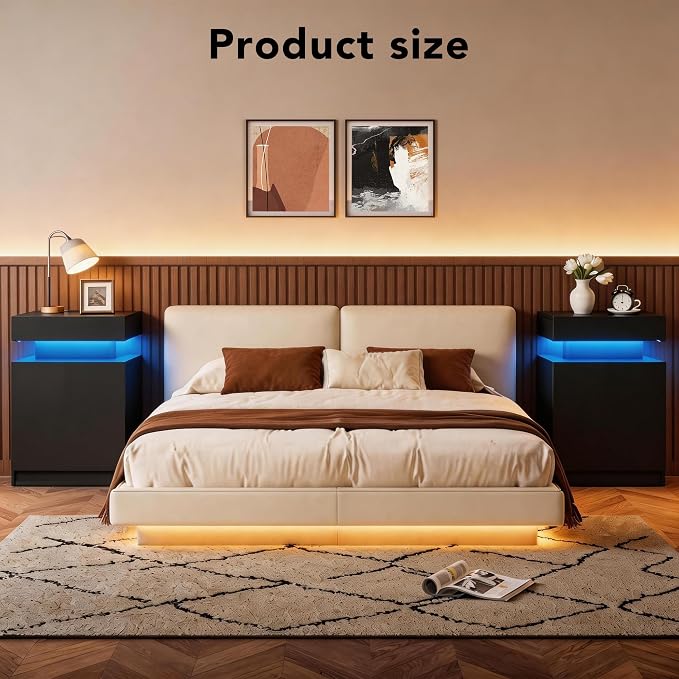 MXV LED Night Stand with Charging Station, Bedside Table with Sliding Top Storage, Modern End Table for Bedroom, Black - Image 9