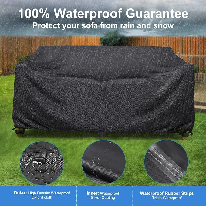 Heavy Duty Patio Sofa Cover Waterproof, Mrrihand 3-Seater Outdoor Sofa Loveseat Cover, Outdoor Patio Furniture Cover with Air Vent and Handles, 87" L×37" D×35" H, Black - Image 3