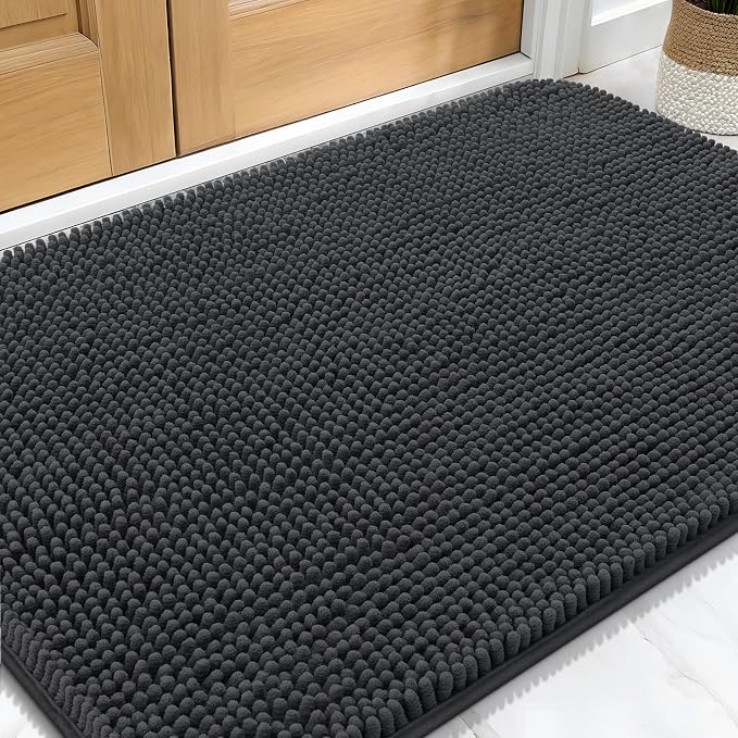 OLANLY Dog Door Mat for Muddy Paws 30x20, Absorbs Moisture and Dirt, Absorbent Non-Slip Washable Doormat, Quick Dry Chenille Mud Mat for Dogs, Entry Indoor Entryway Carpet for Inside Floor, Dark Grey by OLANLY