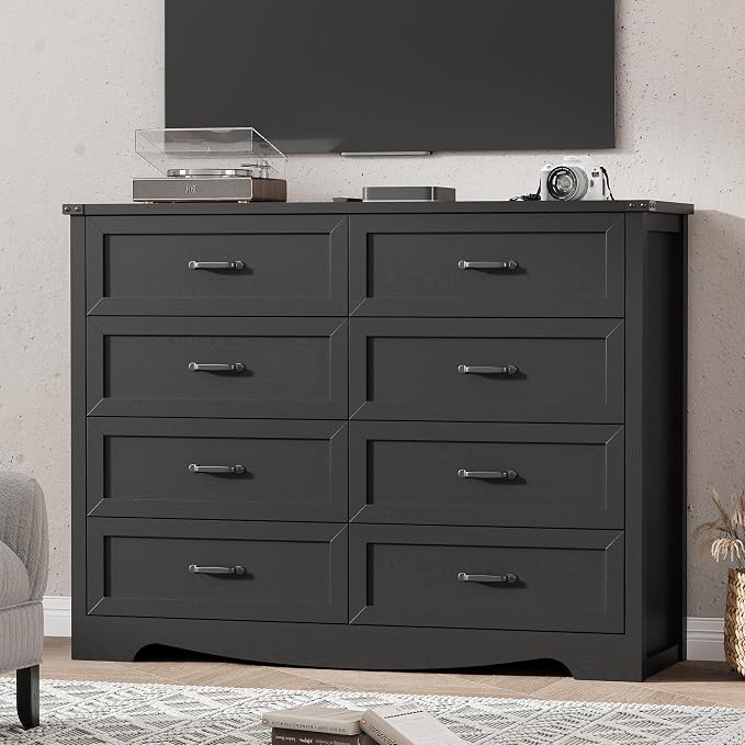 Dresser for Bedroom with 8 Drawers, 48" Wide Wood Chest of Drawers with Deep Drawers & Mental Handle, Modern Dresser TV Stand, Wooden Closet Storage Organizer for Living Room, Hallway, Entryway, Black - Image 7