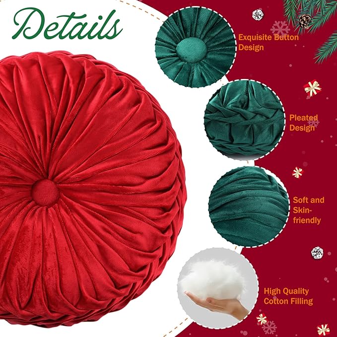 Beeveer 2 Pcs Round Throw Pillows 15 Inch Decorative Velvet Pleated Pumpkin Pillows Boho Floor Pillow with Center Button for Living Room Couch Chair Bed Sofa Home Decoration (Red and Green)