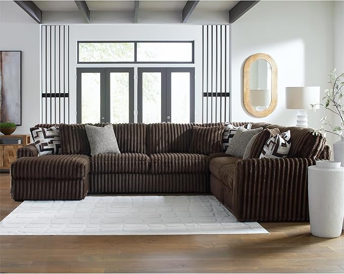 Signature Design by Ashley Midnight-Madness Casual U-Shaped Anti Sag 4-Piece Sectional with Chaise, Reversible Seat Cushions and 9 Accent Pillows, Dark Brown