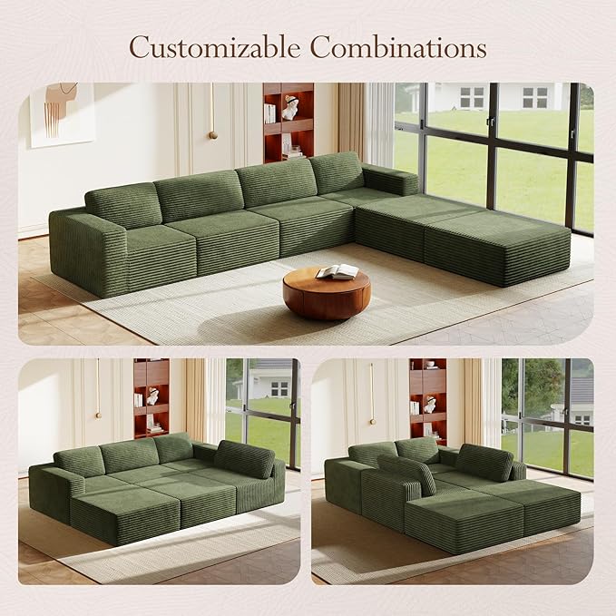 Vesgantti 159" Large Modular Sectional Sofa, U-Shaped Corduroy Cloud Couch with Deep Seats & Spring Support, 4-Seater Boneless Sofa with 2 Movable Ottomans, No Assembly Needed, Green