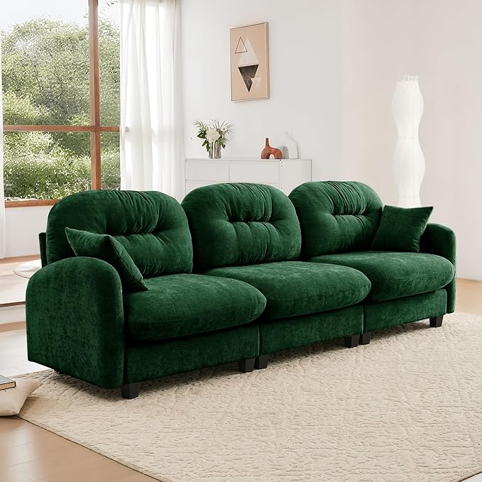 KEIKI 107" Oversized Chenille Modular Sectional Sofa with High-Density Foam Cushion and Tufted Pleated Cushion Backrest, Upholstered Modern 3-Seater Cloud Couch with 2 Pillow, for Living Room, Green