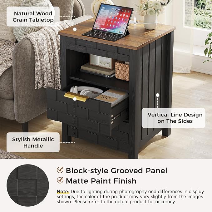 Dystler Night Stand Set of 2 with Charging Station - Bedside Table with Gun Drawer and 2 Drawers, Smart Side Table with 3-Color Human Sensor LED Lights for Bedroom, Black - Image 7