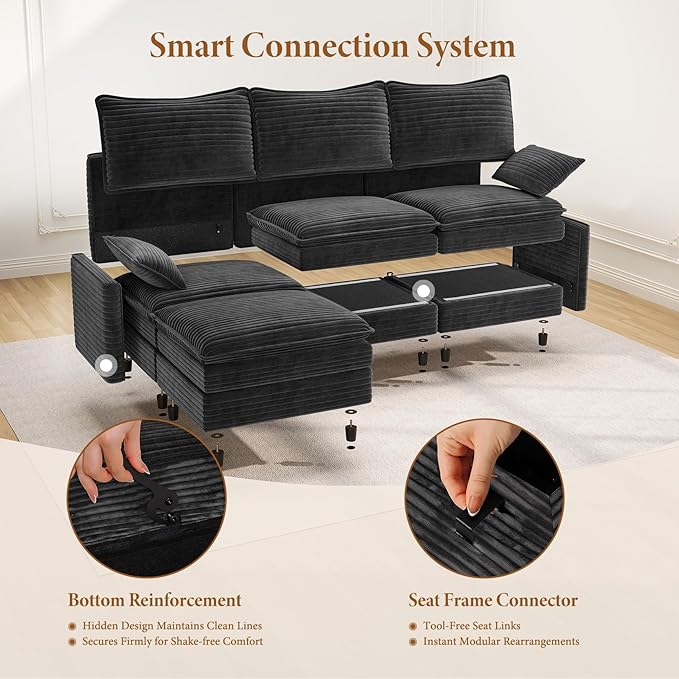 Vesgantti 142" U Shaped Sectional Cloud Couch, Large Cloud Modular Sectional Sofa with 2 Ottoman Deep Seat Corduroy Modern Modular Sofa Set for Living Room, Bedroom, Basement and Apartment, Gray