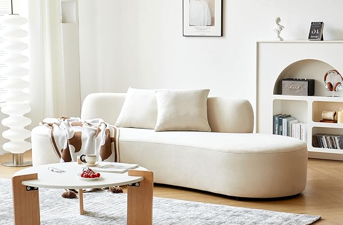 90" Curved Sofa with Throw Pillows, 4 Seater Luxury Velvet Couch with Half Moon Design and High-Density Foam, Ideal for Modern Living Room, Office & Apartment, Ivory White