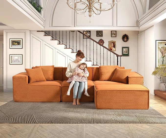 Rowan Convertible Corduroy Sectional Couch with Ottoman & Pillows, Modular L Shaped Sleeper Sofa, Boneless Cloud Couch for Living Room Furniture, Red Orange