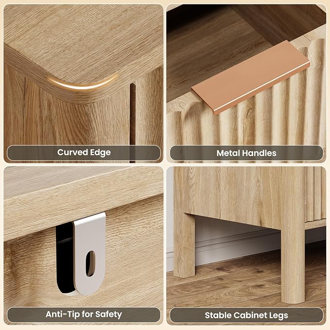 MODNEST 32" Fluted Nightstands Set of 2, Bed Side Tables with Drawers for Bedroom Mid Century Modern Night Stand Wood Nightstand Large End Table Bedroom Set, Oak - Image 4