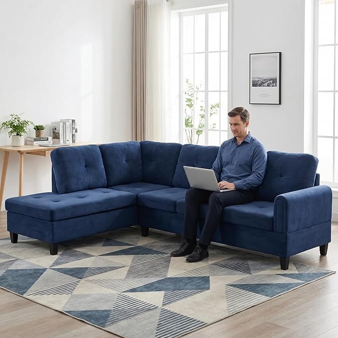 Modern L-Shaped Sectional Sofa, Apartment Sectional Couch with Left Facing Chaise, 3-Piece Living Room Sofa Set, 97 Inch Furniture, Blue
