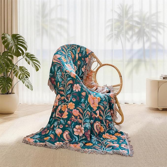 Boho Throw Blanket - 100% Cotton Ultra Soft Muslin Blanket, 60"x80" Lightweight Floral Bird Framhouse Bedding Spring Blanket for Bed, All Season Green Bohemian Bedroom Home Decor Quilt