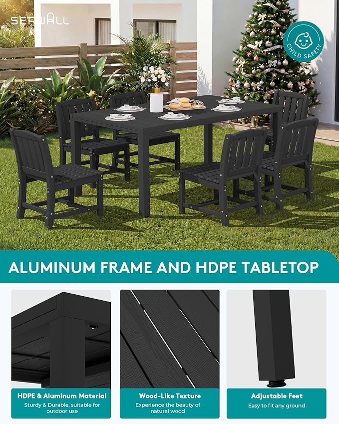 SERWALL 9-Piece Outdoor Dining Set, 60" - 83" Expandable Outdoor Dining Table and 8 HDPE Chairs, All Weather HDPE Outdoor Furniture Set for Backyard, Garden, Black - Image 5