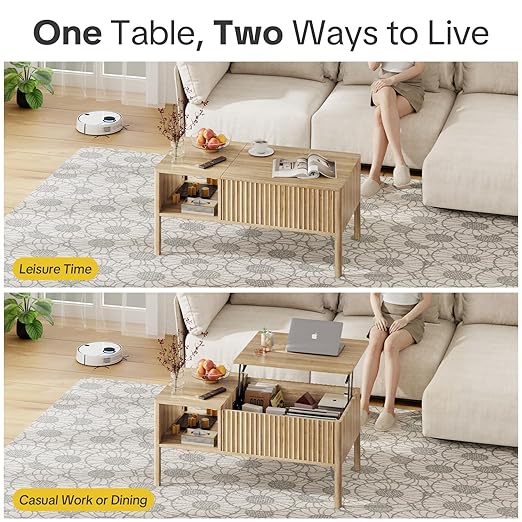 Fluted Lift Top Coffee Table with Hidden & Open Storage, Rectangle Modern Coffee Table for Living Room, Smooth Hydraulic Lift, Large Capacity, Safe Round Corner Easy to Clean, Vertical Grain-Natural