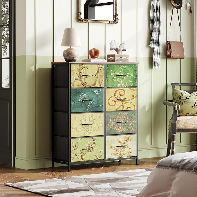 WLIVE Tall Fabric Dresser with 8 Drawers, Storage Tower with Fabric Bins, Double Dresser, Chest of Drawers for Closet, Bedroom, Living Room, Hallway, Dorm, Floral Painted - Image 4