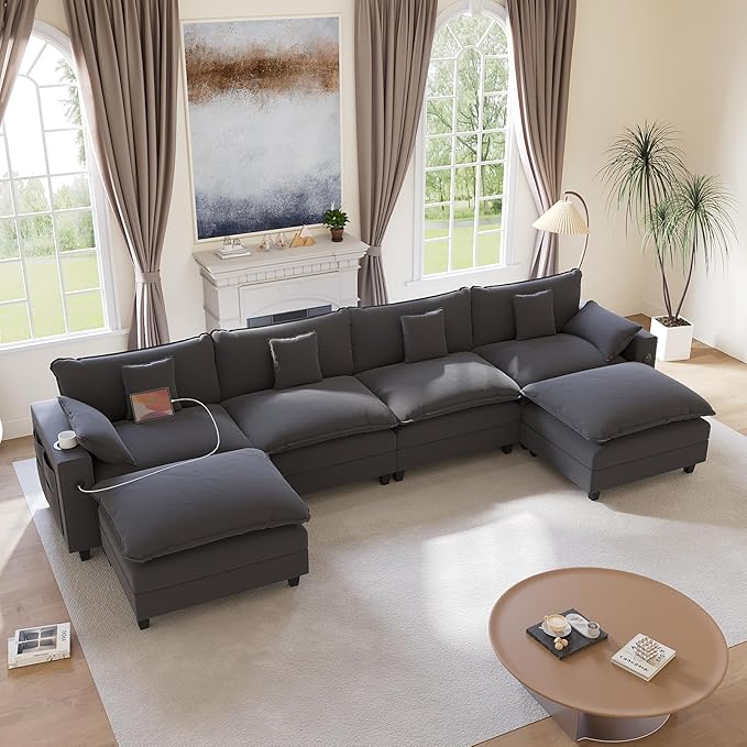 152" Modular Sectional Sofa, U Shaped Cloud Couch with Movable Ottoman, Chenille Deep Seat Cloud Sofa with Charging Station, Cup Holder, Side Pocket, Sectional Couches for Living Room, Grey