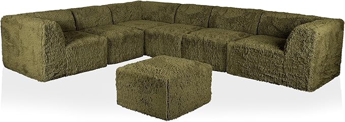 Furniture of America Havyn Modern Faux Fur 7-Seater L-Shaped Modular Foam Sectional Sofa with Ottoman, Compressed Couch in a Box, No Assembly Required, for Living Room and Office, Olive Green