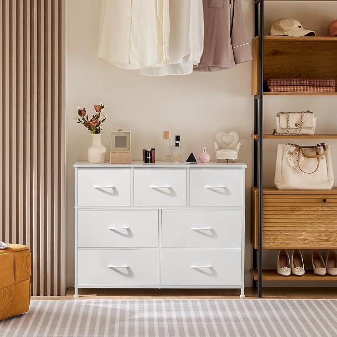 Sweetcrispy 7 Drawer Dresser Storage Organizer with Fabric Bins, Sturdy Steel Frame and Wood Top, Easy Pull Handles, for Bedroom Closet Hallway Entryway,White - Image 2