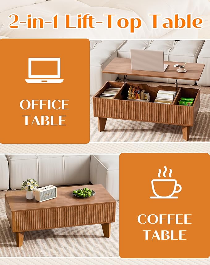 Rectangular Lift Top Coffee Table with Storage, 41.5" Mid Century Modern Center Table for Living Room, Wood Fluted Coffee Table for Home Office, Walnut