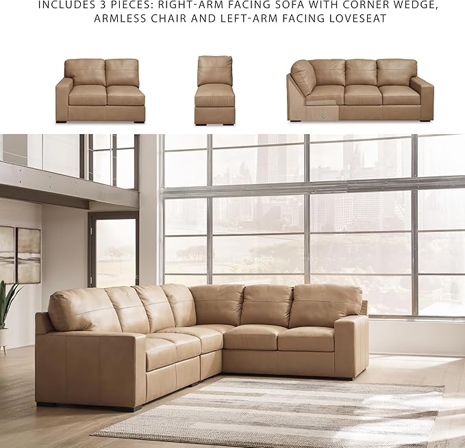 Signature Design by Ashley Bandon Modern Leather Match Right-Arm Facing 3-Piece Sectional with Removable Cushions and Armrest, Light Brown