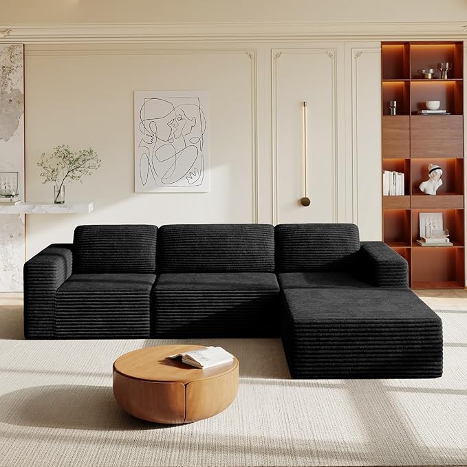 Vesgantti 119" L-Shaped Modular Sectional Sofa, Corduroy Cloud Couch with Deep Seating & Spring Support, Flexible Layout Sofa with Ottoman, Boneless Style, No Assembly Required, Black