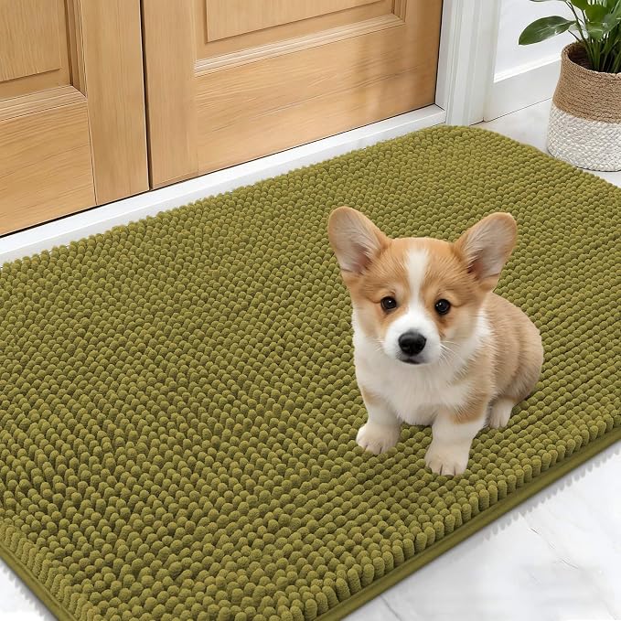 OLANLY Dog Door Mat for Muddy Paws 30x17, Absorbs Moisture and Dirt, Absorbent Non-Slip Washable Doormat, Quick Dry Chenille Mud Mat, Entry Indoor Entryway Carpet for Inside Floor, Willow Green by OLANLY