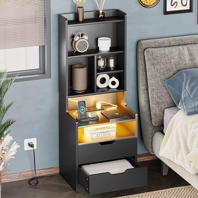 ADORNEVE Charging Nightstand Set of 2 with LED Lights,Tall Night Stand with Bookshelf,Bedside Table with Drawers,Black Side Tables Bedroom - Image 8