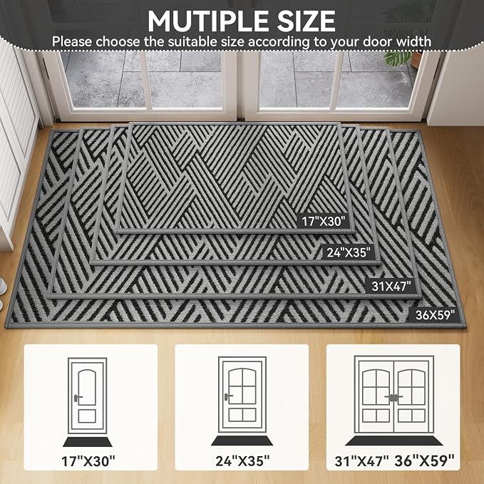 Door Mat Indoor Outside Entrance 17"x30", Low-Profile Non Slip Outdoor Inside Doormat Entryway Mat, Dirt Resistant Absorbent Front Porch Welcome Entry Mats, Washable Easy Clean, Grey - Image 2