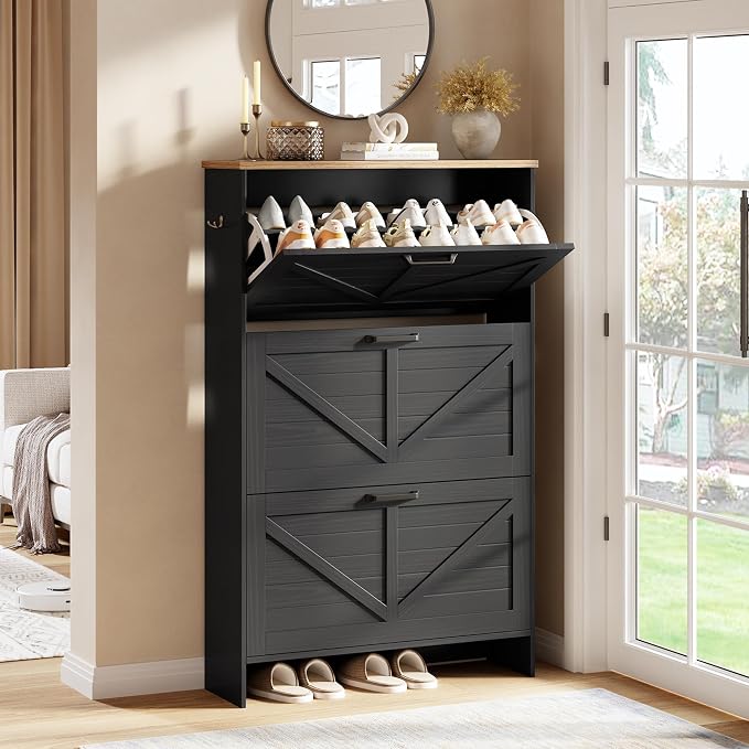 Shaker Barn Door Shoe Cabinet - 3 Flip Drawers & 3-Tier Adjustable Shelves, Ultra Slim Freestanding, Modern Rustic Brushed Black Farmhouse Shoe Rack for Entryway, Hallway, Foyer & Mudroom Black by Nicetree