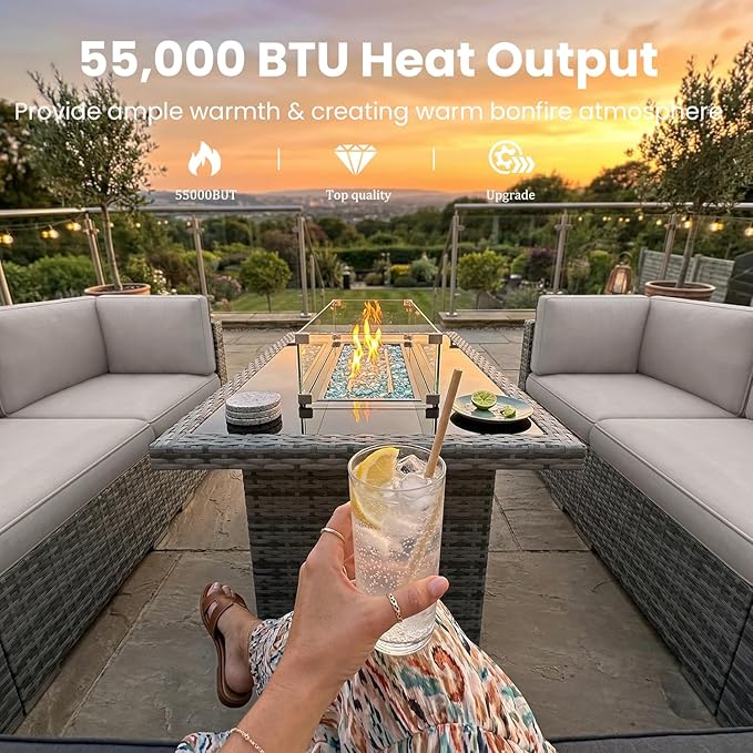 10 Pieces Patio Furniture Set with 44" Propane Gas Fire Pit Table, Outdoor Sectional Wicker Conversation Sofa Sets with Coffee Table