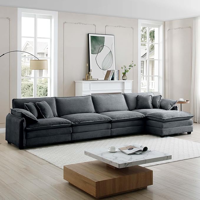 KEIKI 150" L-Shaped Oversized Corduroy Modular Sectional Sofa with 1 Ottoman, High-Density Foam Cushions, Removable Armrests, Upholstered 4-Seater Corner Couch with 6 Pillow, for Living Room, Grey
