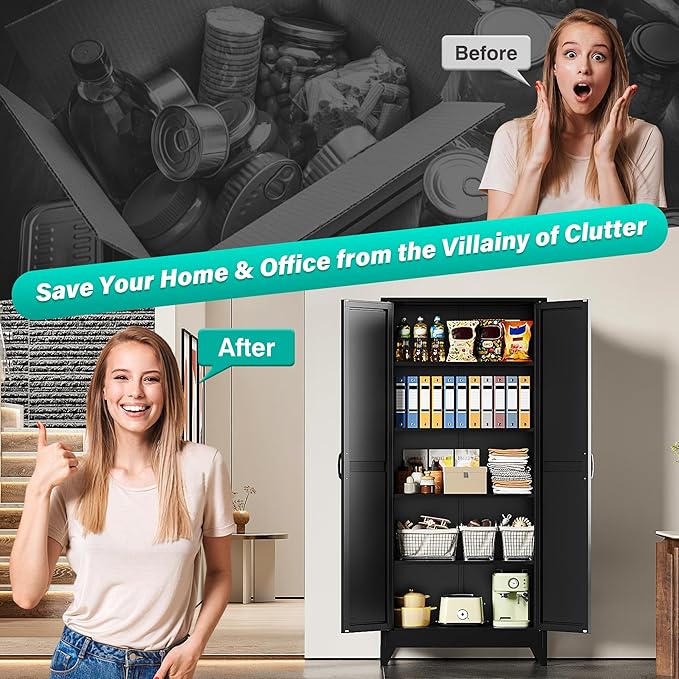 SISESOL Wide & Deep Pantry Storage Cabinets with 2 Doors and 5 Shelves,Tall Storage Cabinet,Large Cupboard Closet,Farmhouse Storage Cabinet for Home,Kitchen,Dining/Living Room (Black, 72" H)