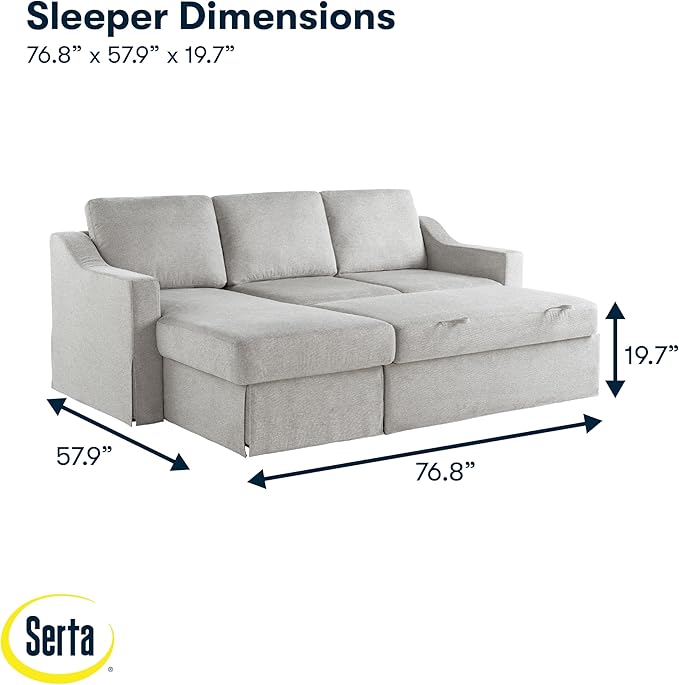 Serta Hawthorne 89.8" Slipcovered Convertible Sleeper Sofa Chaise, Queen Size, Dreamcoil Comfort, Reversible Storage Chaise, Polyester Tweed Fabric, Linen