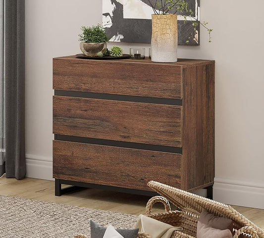 WAMPAT Nightstand with 3 Drawers for Bedroom, Modern Bedside Table with Black Square Metal Leg, Wood Rustic Side End Table, Brown by WAMPAT