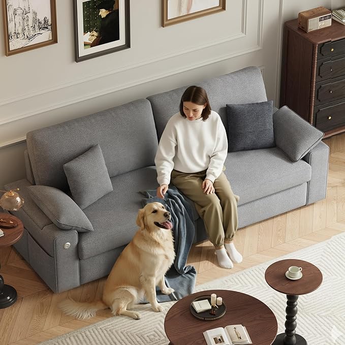 89" Loveseat Sofa, Cloud Foam Couch, 3 Seater Upholstered Midcentury Mondern Love Seat with USB Type C Ports, 4 Pillows and Storage Armrest for Living Room/Small Spaces, Grey | Breathable material