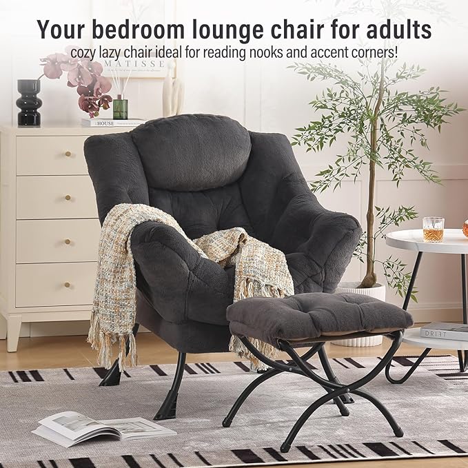 Furlide Lazy Chair with Ottoman, Modern Accent Chair with Armrests and a Side Pocket, Plush Navy Accent Chairs, Reading Chairs, Oversized Armchairs for Bedroom, Study, Living Room, Courtyard