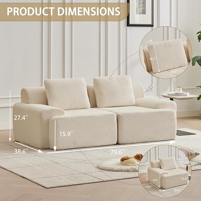Modular Sectional Sofa with Movable Ottoman, 2 Seat Deep Seat Couch with 2 Pillows, Comfy Cloud Sectional Sofa for Living Room, Bedroom and Apartment (White, 2 Left+2 Right)