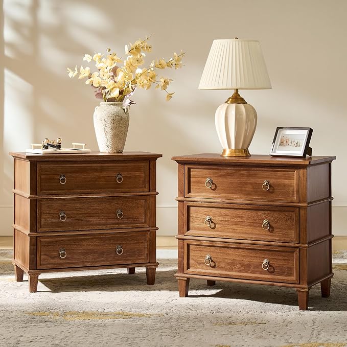 HULALA HOME Farmhouse End Tables Set of 2 with 3 Drawers, Paulownia Solid Wood Side Table with Vintage Knobs, Ancient End Table with Charging Station, Easy Assembly, Cherry by HULALAHOME