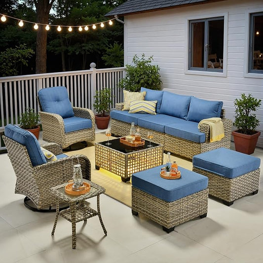 ovios 9 Piece Patio Sectional Furniture with Swivel Rocking Chairs, Rattan Wicker Coversation Set with Glowing Coffee Table, Outdoor Sofa Set for Outside Porch Balcony Backyard Pool, Blue